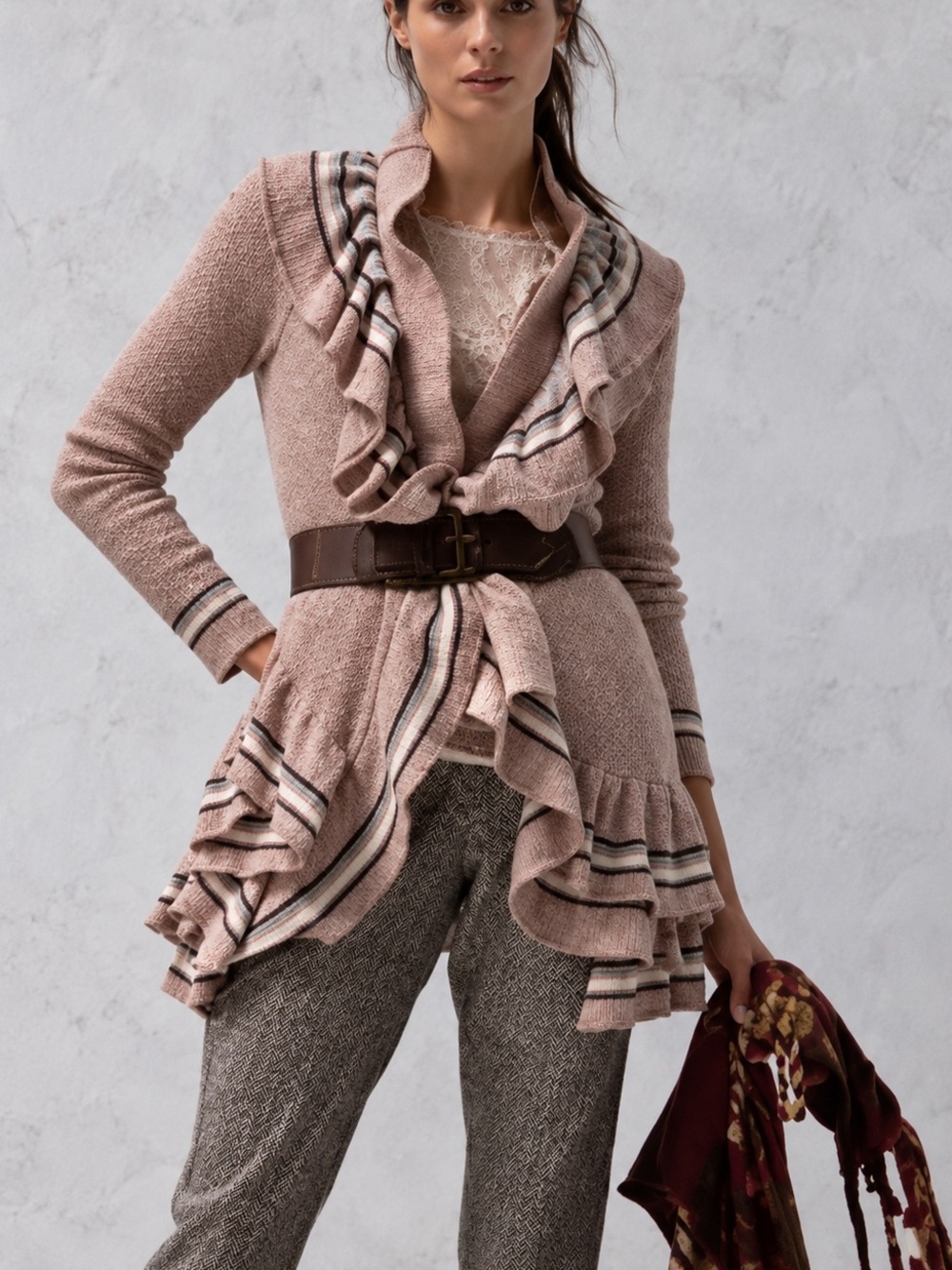 Anthropologie Sparrow Mauve Cascade Ruffle Sweater Wool Angora Cozy Heritage S